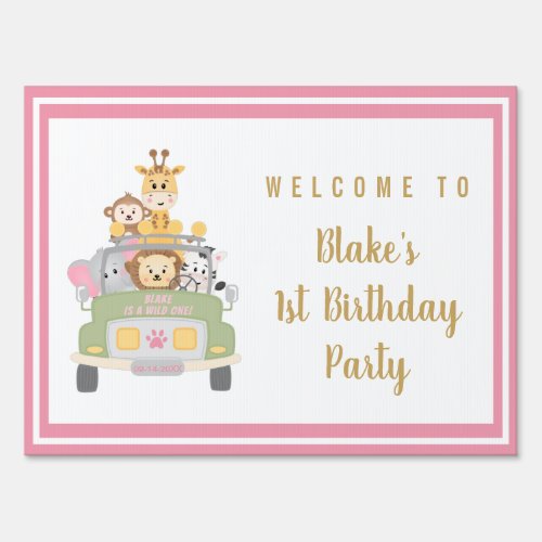 1st Birthday Party Cute Animal Safari Pink Welcome Sign