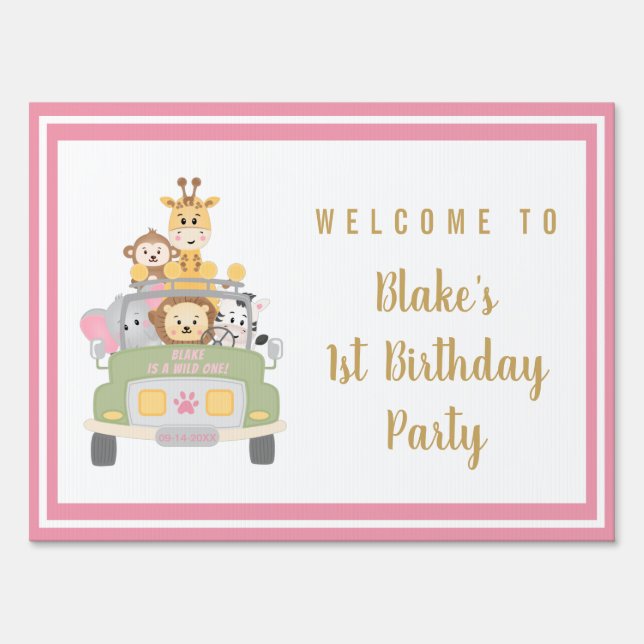 1st Birthday Party Cute Animal Safari Pink Welcome Sign (Front)