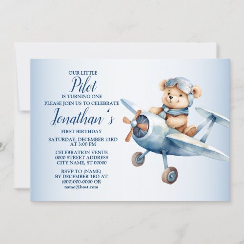 1st Birthday Party Cute Blue Bear Pilot Beautiful Invitation
