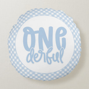 1st Birthday Party Cute Pastel Blue Onederful Round Pillow