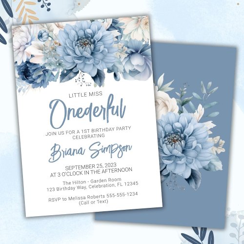 1st Birthday Party Dusty Blue Floral Invitation