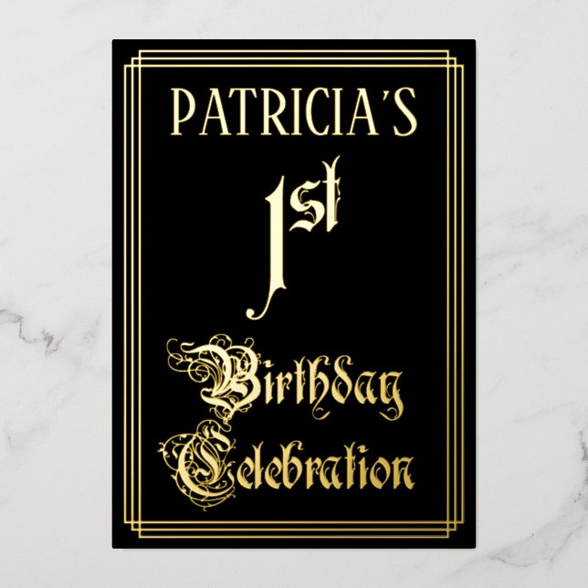 1st Birthday Party — Fancy Script & Custom Name Foil Invitation (Front)