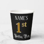 [ Thumbnail: 1st Birthday Party — Fancy Script, Faux Gold Look Paper Cups ]