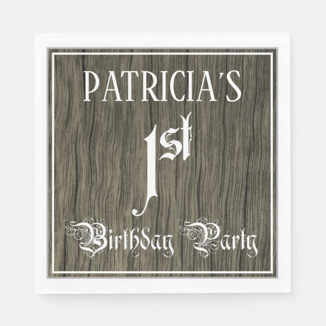 1st Birthday Party — Fancy Script, Faux Wood Look Napkins (Front)