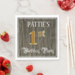 [ Thumbnail: 1st Birthday Party — Faux Gold & Faux Wood Looks Napkins ]
