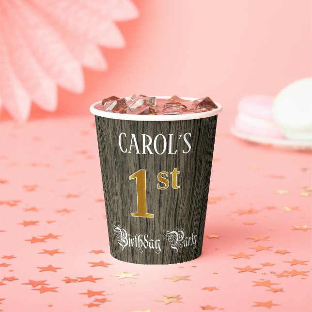 1st Birthday Party — Faux Gold & Faux Wood Looks Paper Cups (Insitu)