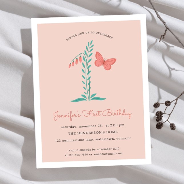 1st Birthday Party Floral Botanical Butterfly Invitation Postcard (Creator Uploaded)