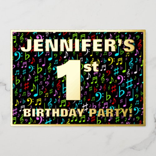 1st Birthday Party â Fun Colorful Music Symbols Foil Invitation