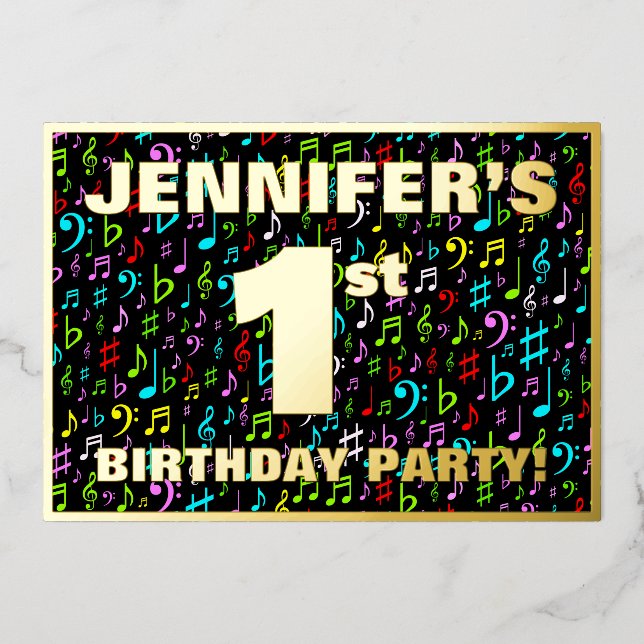 1st Birthday Party — Fun, Colorful Music Symbols Foil Invitation (Front)