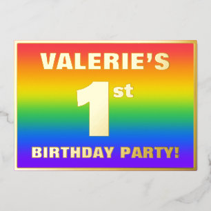 1st Birthday Party: Fun, Colorful Rainbow Pattern Foil Invitation