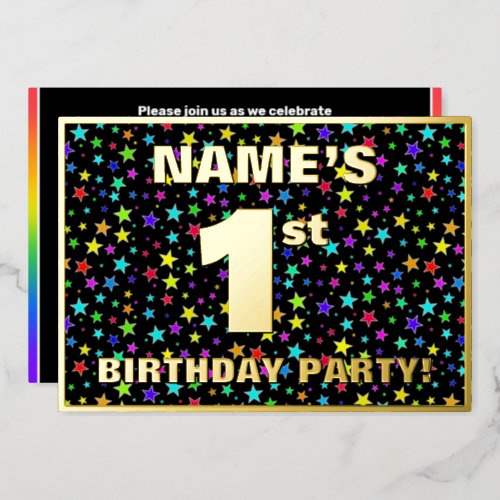 1st Birthday Party  Fun Colorful Stars Pattern Foil Invitation