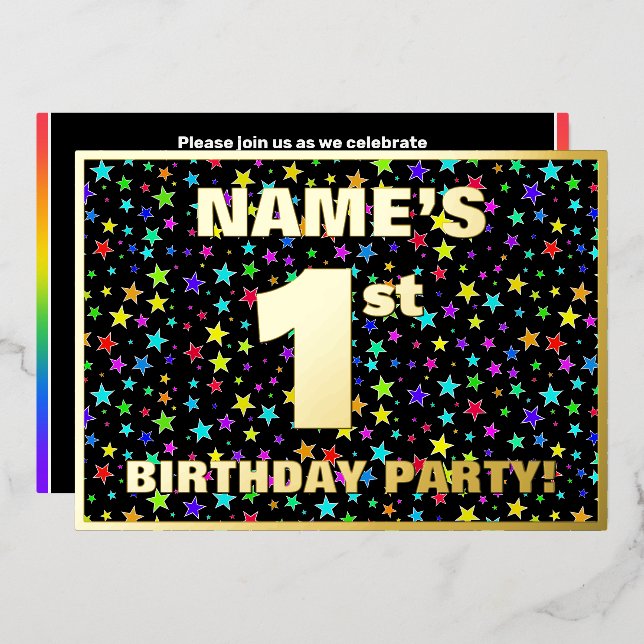 1st Birthday Party — Fun, Colorful Stars Pattern Foil Invitation (Front/Back)