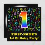 [ Thumbnail: 1st Birthday Party: Fun Music Symbols, Rainbow 1 Invitation ]