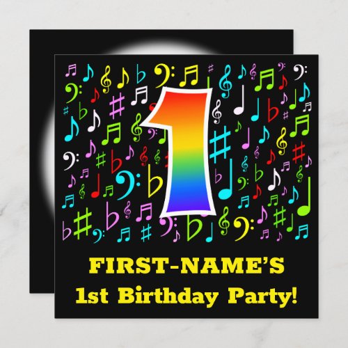 1st Birthday Party Fun Music Symbols Rainbow 1 Invitation