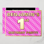 [ Thumbnail: 1st Birthday Party — Fun Pink Hearts and Stripes Invitation ]