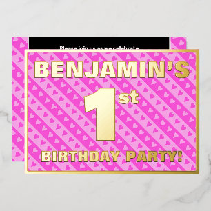 1st Birthday Party — Fun Pink Hearts and Stripes Foil Invitation