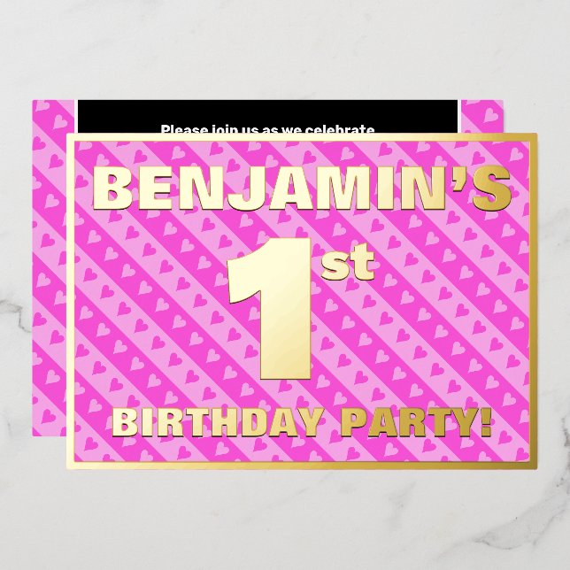 1st Birthday Party — Fun Pink Hearts and Stripes Foil Invitation (Front/Back)
