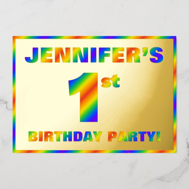 1st Birthday Party — Fun, Rainbow Spectrum “1” Foil Invitation (Front)