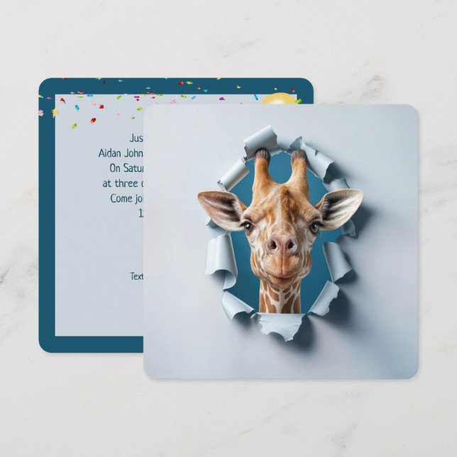 1st Birthday Party Giraffe In a Torn Paper Hole Invitation (Front/Back)
