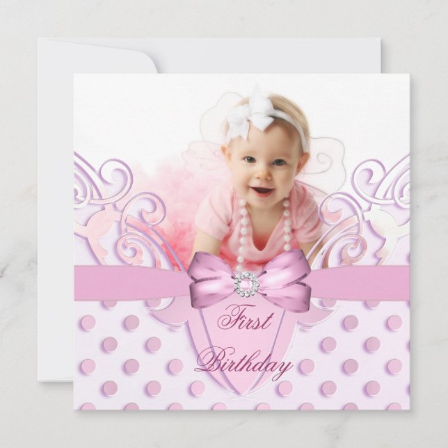 1st Birthday Party Girl Pink White Bow Image Invitation (Front)