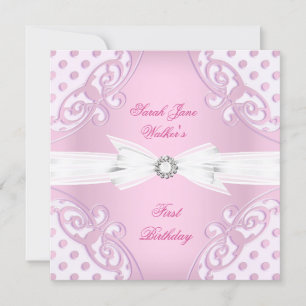 1st Birthday Party Girl Pink White Polka Dot bow Invitation