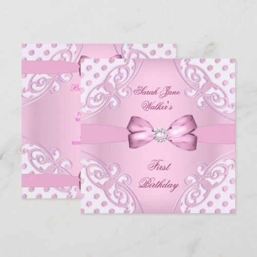 1st Birthday Party Girl Pink White Polka Dot Custom Announcement