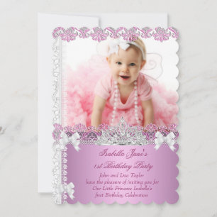 1st Birthday Party Girl Princess Pink Photo First Invitation