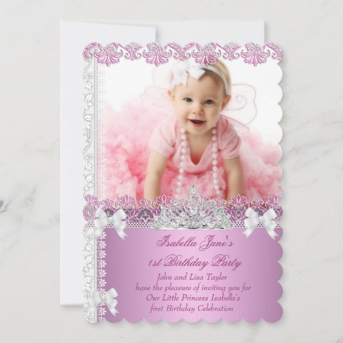 1st Birthday Party Girl Princess Pink Photo First Invitation