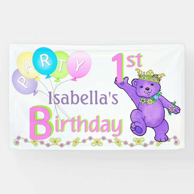 1st Birthday Party Happy Princess Bear Banner (Horizontal)