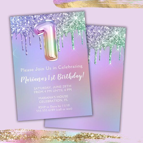 1st Birthday Party Invitation Purple Pink Glitter