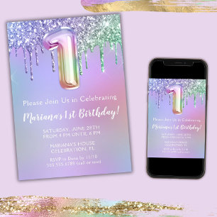 1st Birthday Party Invitation Purple Pink Glitter