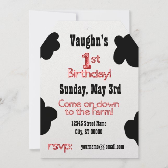 1st Birthday Party Invite - Cow Theme (Back)