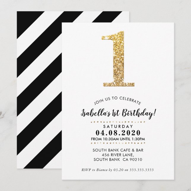 1ST BIRTHDAY PARTY INVITE modern gold glitter (Front/Back)