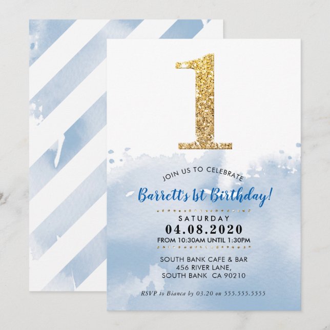 1ST BIRTHDAY PARTY INVITE modern gold glitter blue (Front/Back)
