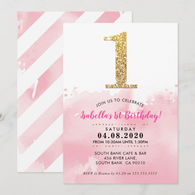 1ST BIRTHDAY PARTY INVITE modern gold glitter pink (Front/Back)