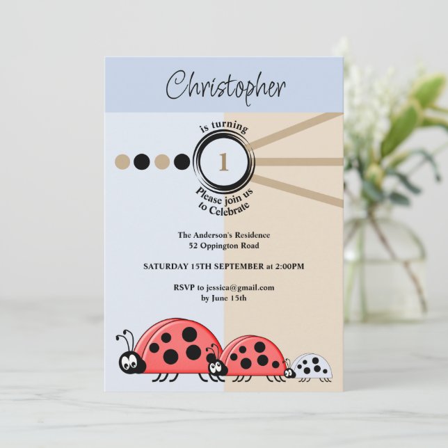 1st Birthday party ladybugs blue brown celebrate Invitation (Standing Front)