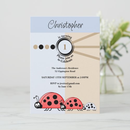 1st Birthday party ladybugs blue brown celebrate Invitation