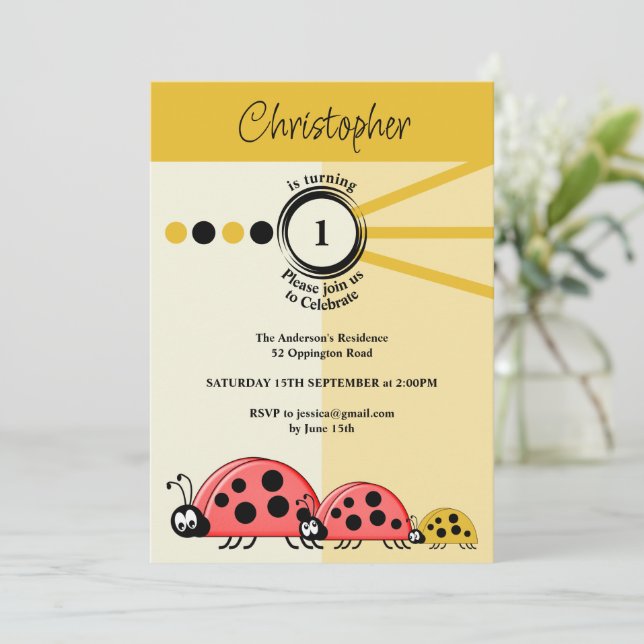 1st Birthday party ladybugs gold cream celebrate Invitation (Standing Front)