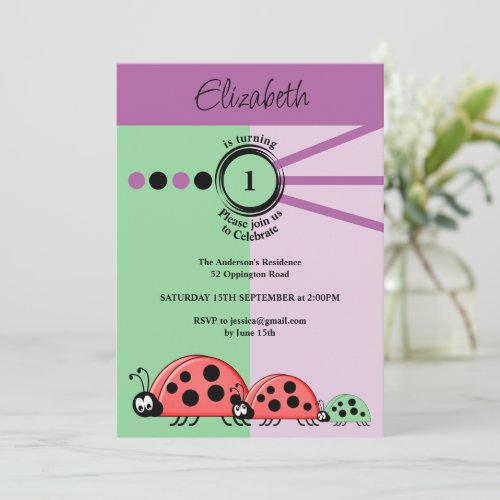 1st Birthday party ladybugs green purple celebrate Invitation