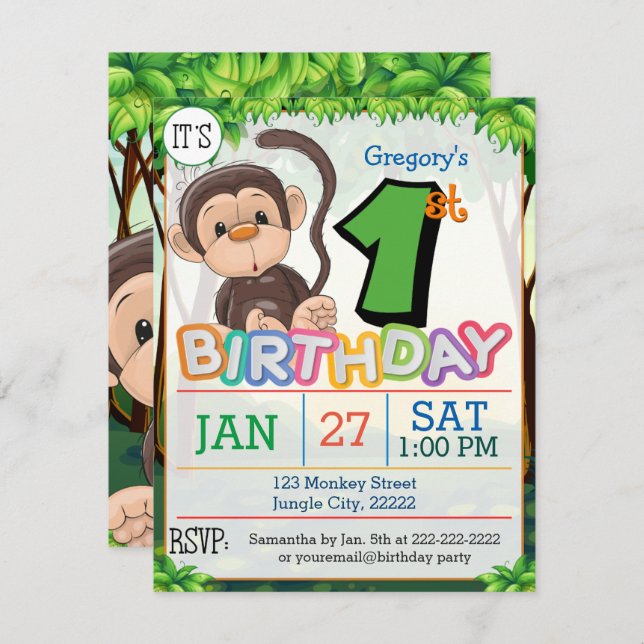 1st Birthday Party Monkey Invitation (Front/Back)