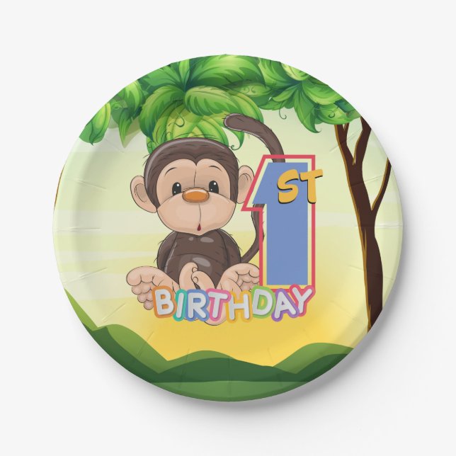 1st Birthday Party Monkey Paper Plates (Front)