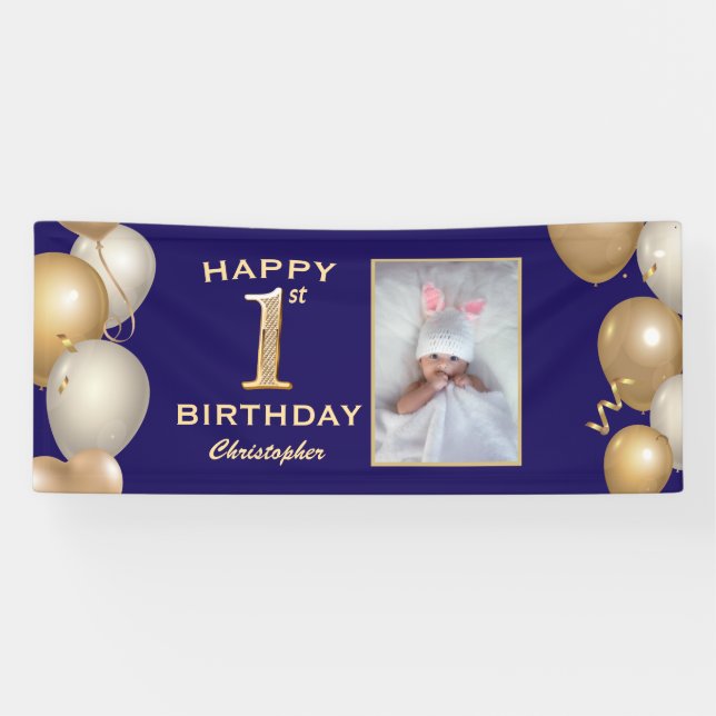 1st Birthday Party Navy Blue and Gold Balloons Banner (Horizontal)