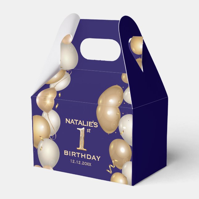 1st Birthday Party Navy Blue and Gold Balloons Favor Boxes (Front Side)
