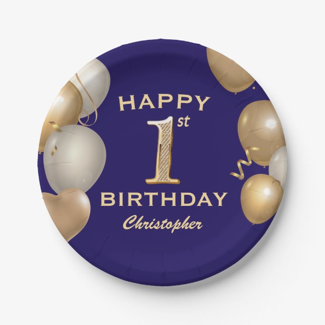 1st Birthday Party Navy Blue and Gold Balloons Paper Plates (Front)