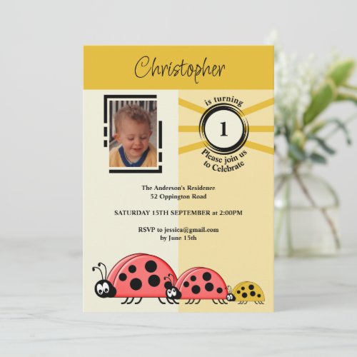 1st Birthday party photo ladybugs gold cream Invitation