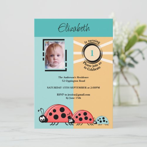 1st Birthday party photo ladybugs green orange Invitation