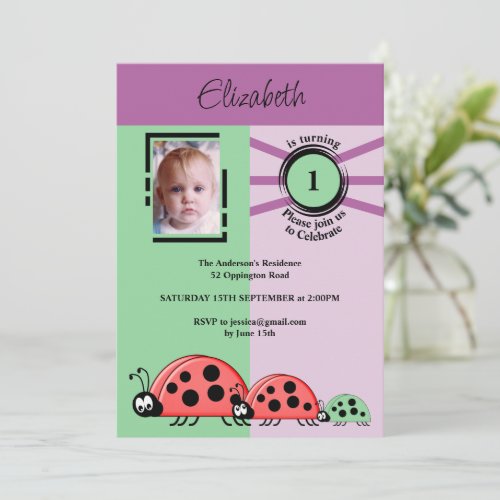 1st Birthday party photo ladybugs green purple Invitation