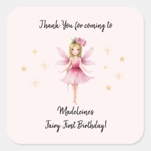 1st Birthday Party Pink Fairy Thank You Square Sticker