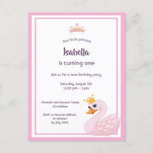 1st birthday party pink swan girl invitation postcard