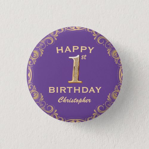 1st Birthday Party Purple and Gold Glitter Frame Button